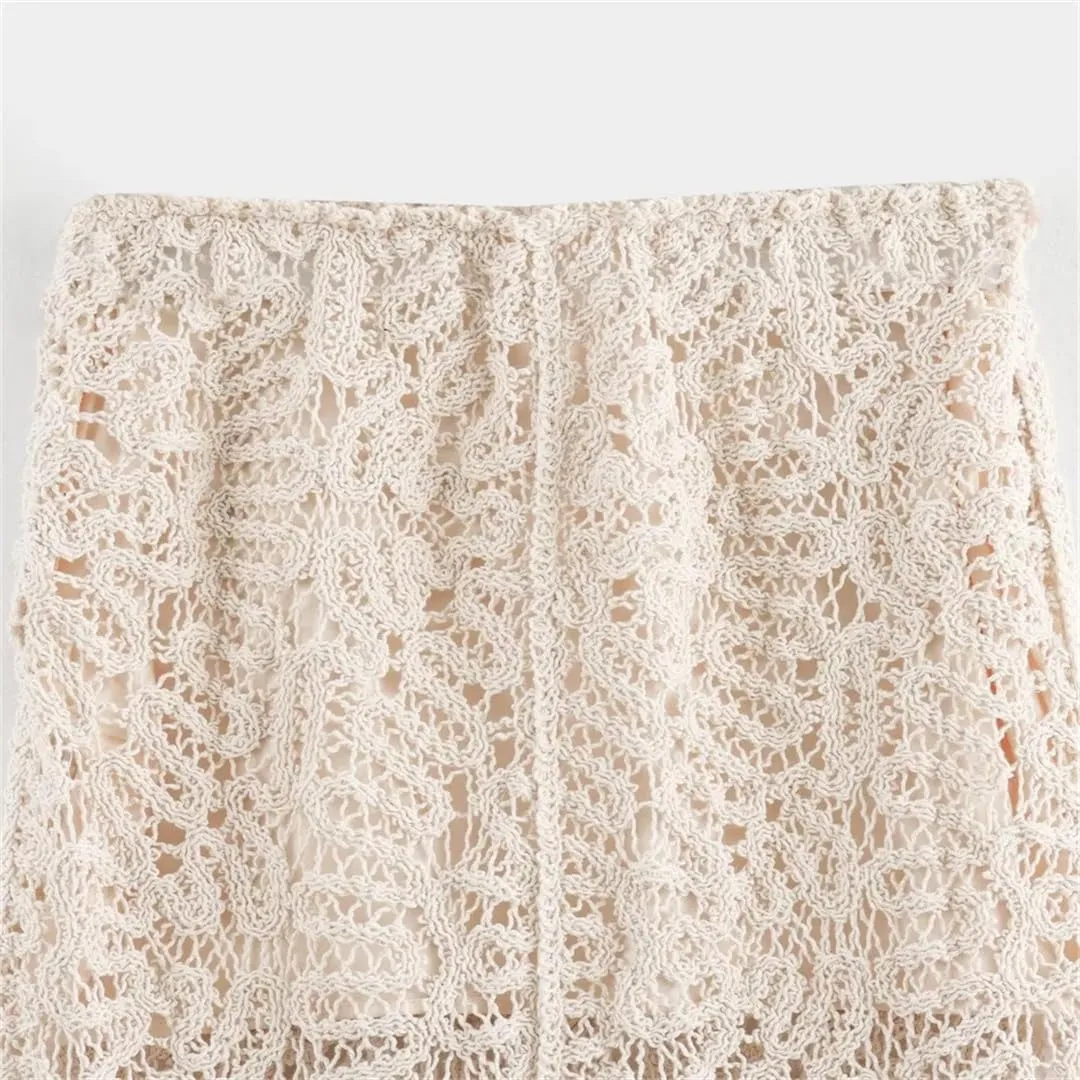 Women Crochet Knitted Hollow Out Maxi Skirts Solid Color Slim Fit Pleated Slit Skirt