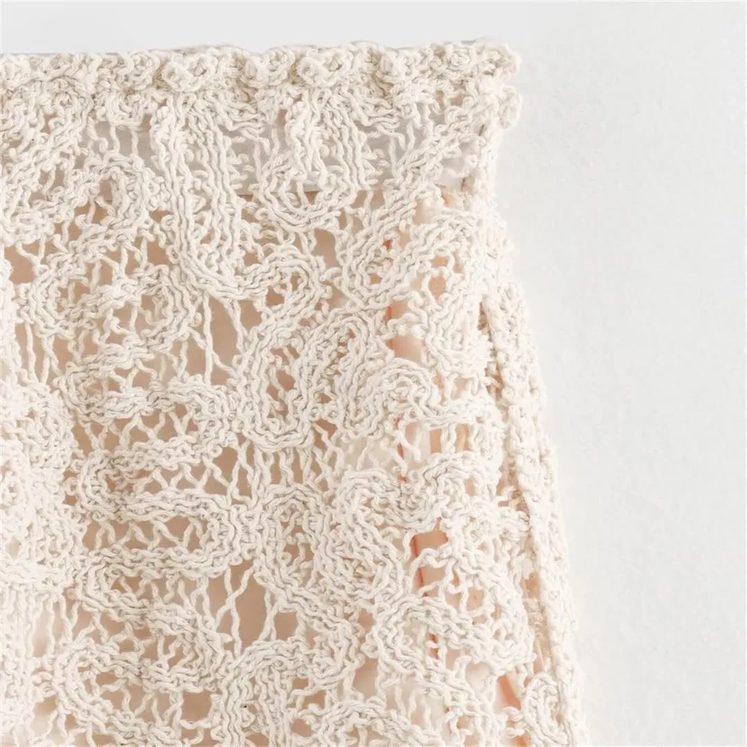 Women Crochet Knitted Hollow Out Maxi Skirts Solid Color Slim Fit Pleated Slit Skirt