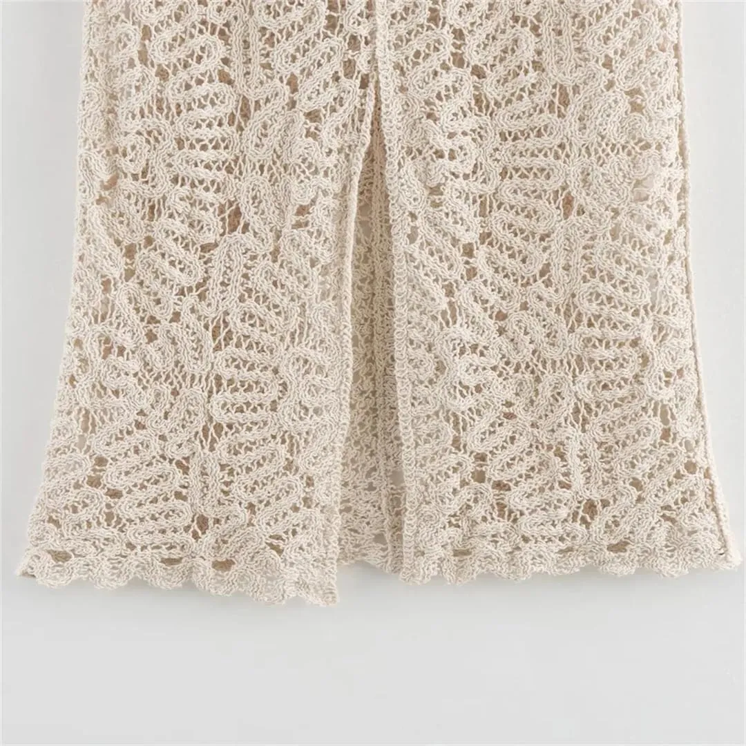 Women Crochet Knitted Hollow Out Maxi Skirts Solid Color Slim Fit Pleated Slit Skirt
