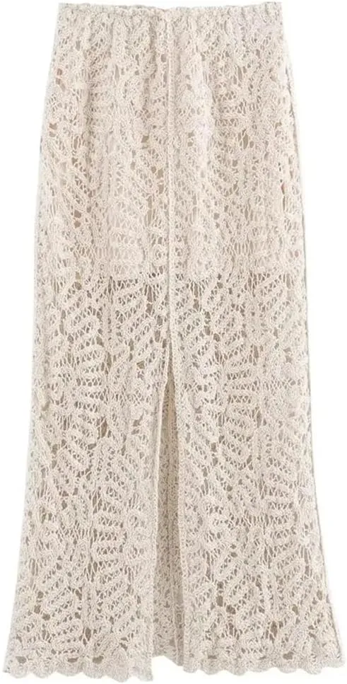 Women Crochet Knitted Hollow Out Maxi Skirts Solid Color Slim Fit Pleated Slit Skirt