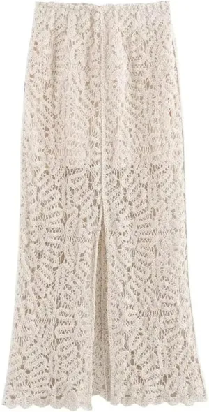 Women Crochet Knitted Hollow Out Maxi Skirts Solid Color Slim Fit Pleated Slit Skirt