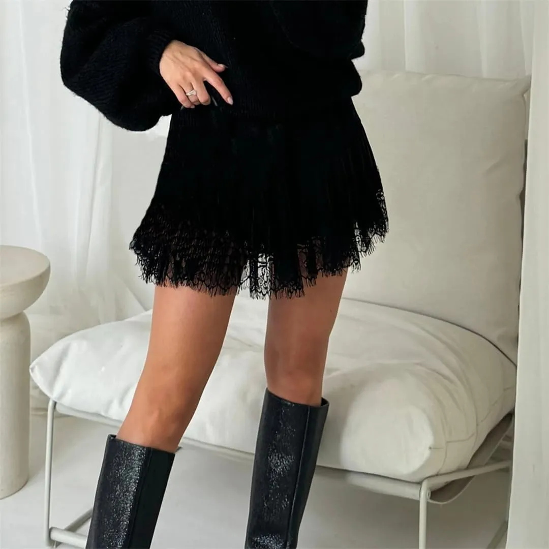Women High Waist Pleated Mini Skirt Lace Skirt Classic Vintage Club Party Skirt