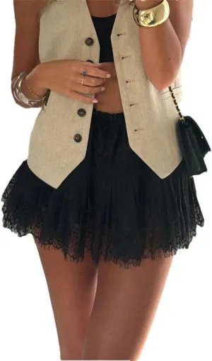 Women High Waist Pleated Mini Skirt Lace Skirt Classic Vintage Club Party Skirt