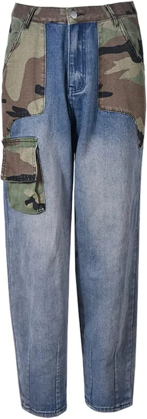 Women High Waisted Boyfriend Jeans Camo Patchwork Denim Joggers Straight Leg Cargo Pants with Pockets