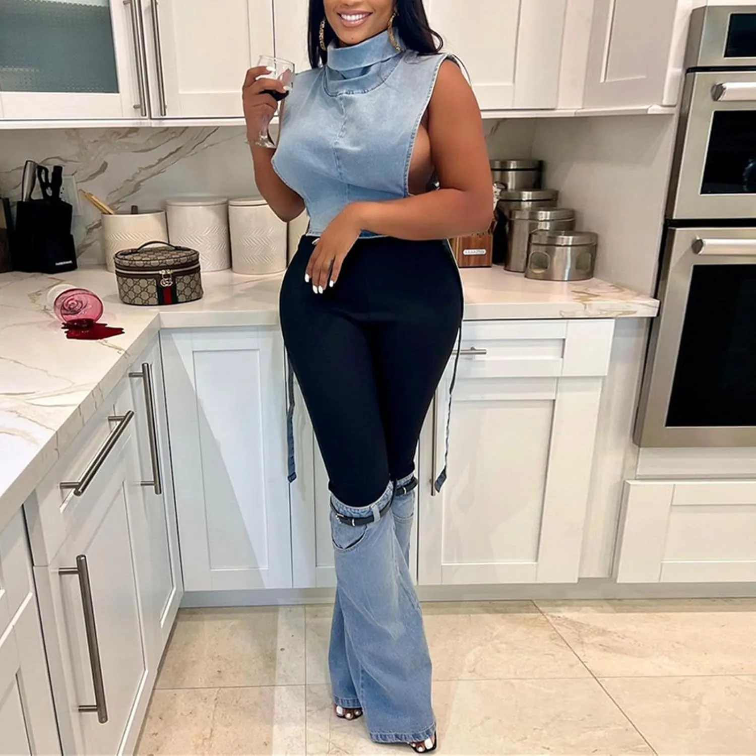 Women High Waisted Boyfriend Jeans Camo Patchwork Denim Joggers Straight Leg Cargo Pants with Pockets