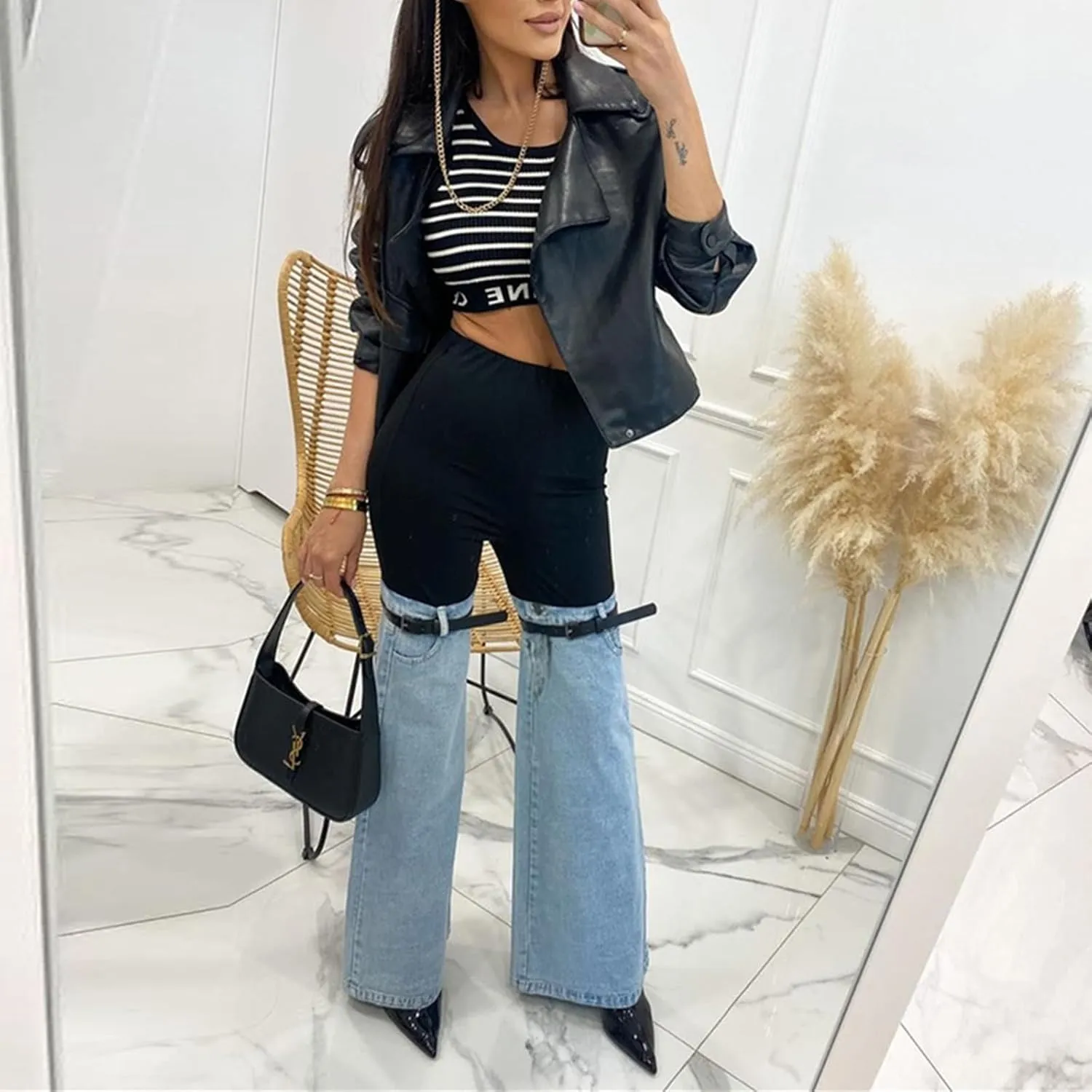 Women High Waisted Boyfriend Jeans Camo Patchwork Denim Joggers Straight Leg Cargo Pants with Pockets
