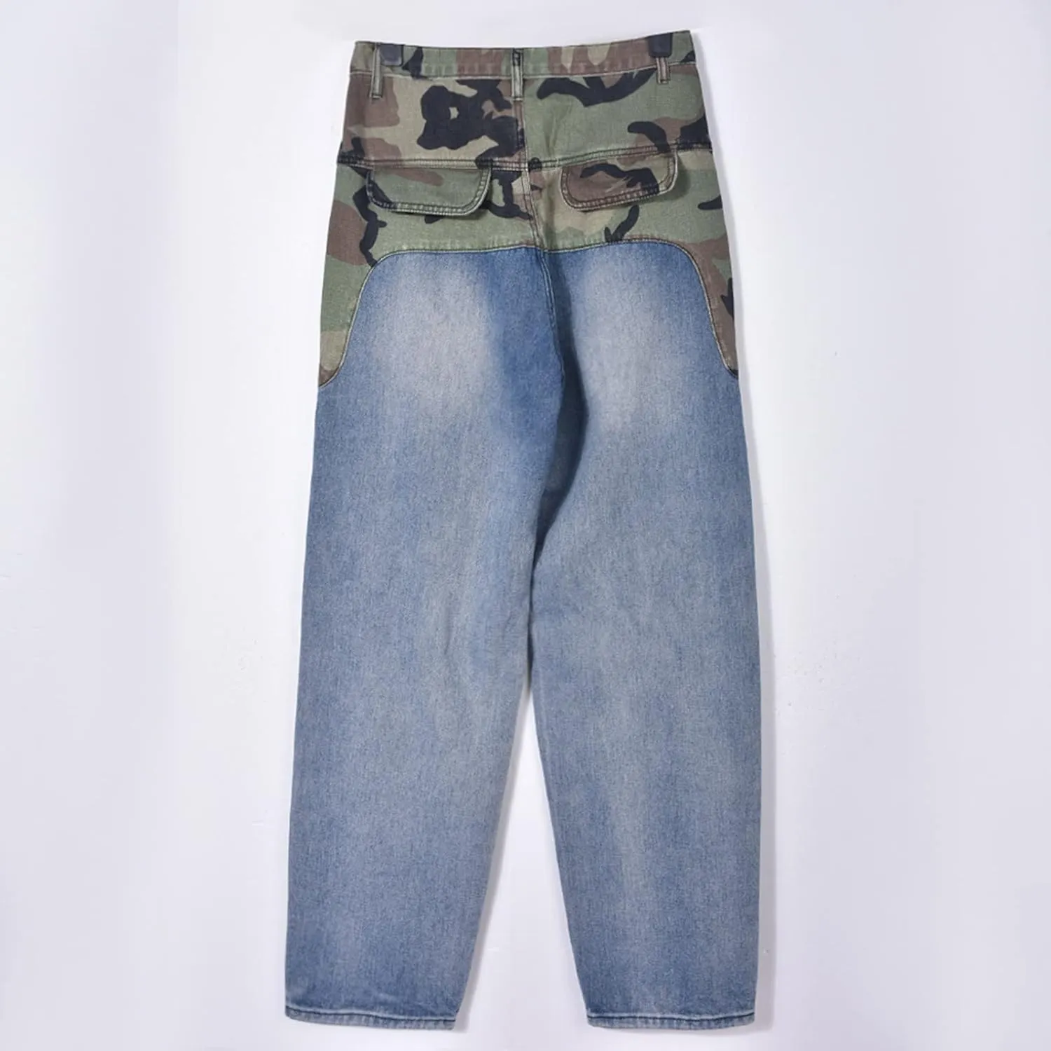 Women High Waisted Boyfriend Jeans Camo Patchwork Denim Joggers Straight Leg Cargo Pants with Pockets