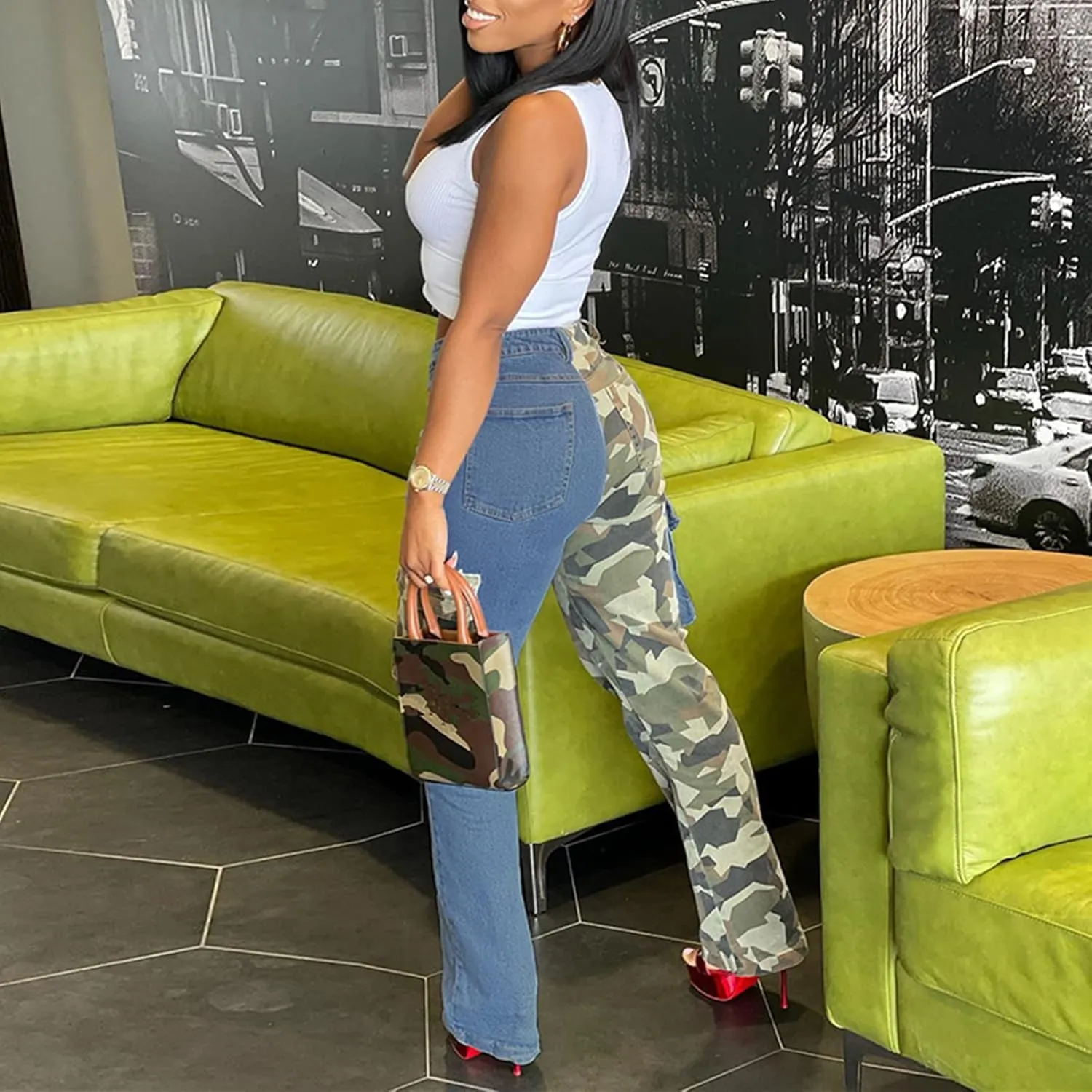 Women High Waisted Boyfriend Jeans Camo Patchwork Denim Joggers Straight Leg Cargo Pants with Pockets