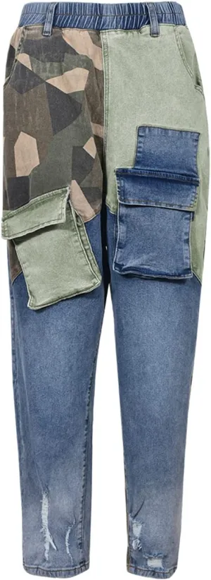 Women High Waisted Boyfriend Jeans Camo Patchwork Denim Joggers Straight Leg Cargo Pants with Pockets