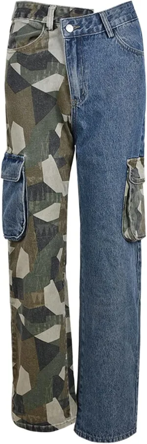 Women High Waisted Boyfriend Jeans Camo Patchwork Denim Joggers Straight Leg Cargo Pants with Pockets