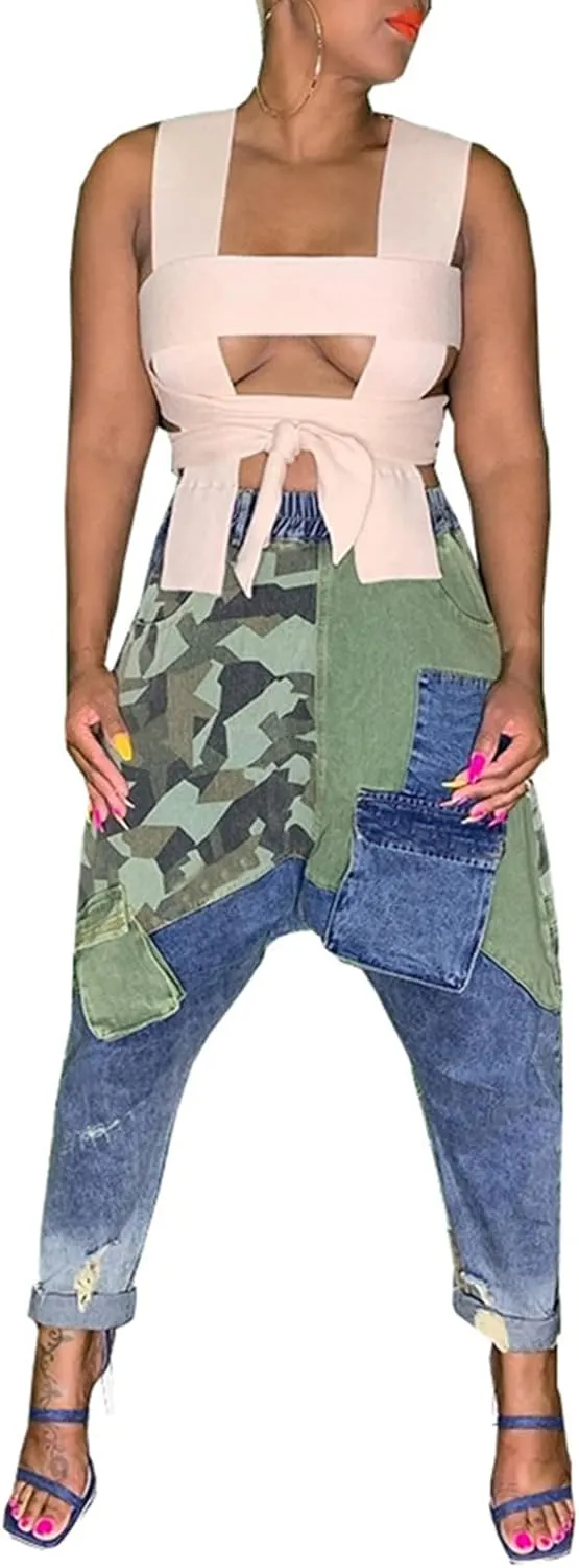 Women High Waisted Boyfriend Jeans Camo Patchwork Denim Joggers Straight Leg Cargo Pants with Pockets