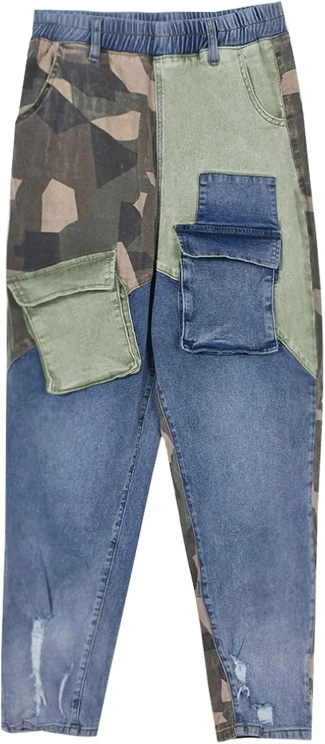Women High Waisted Boyfriend Jeans Camo Patchwork Denim Joggers Straight Leg Cargo Pants with Pockets