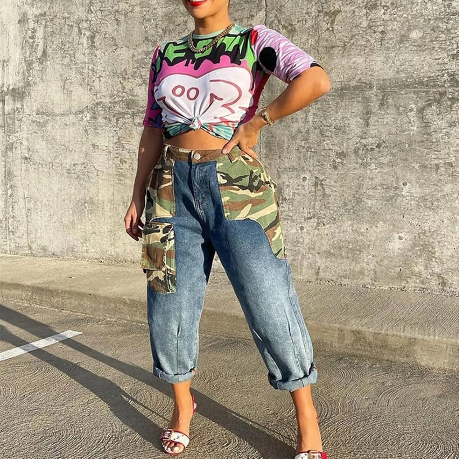 Women High Waisted Boyfriend Jeans Camo Patchwork Denim Joggers Straight Leg Cargo Pants with Pockets