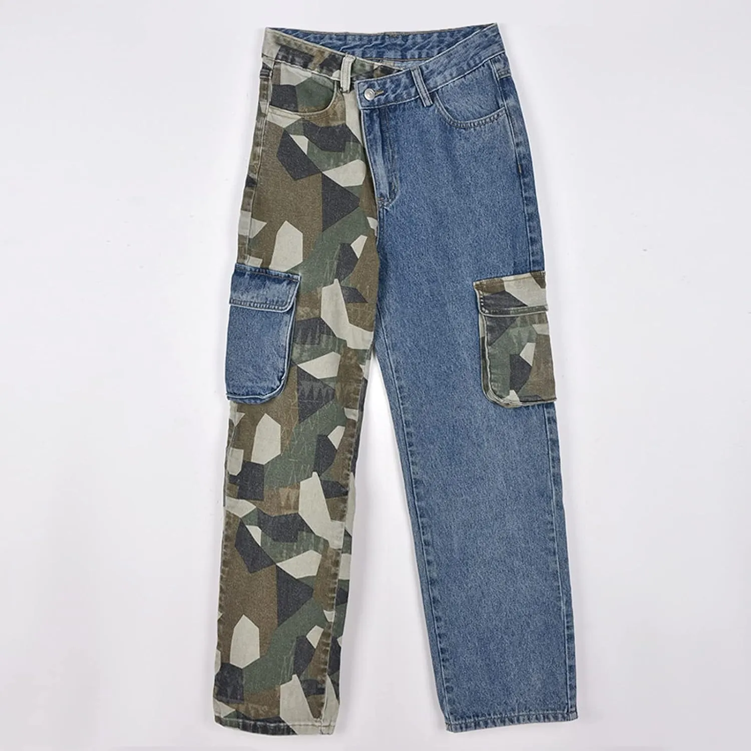 Women High Waisted Boyfriend Jeans Camo Patchwork Denim Joggers Straight Leg Cargo Pants with Pockets