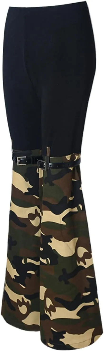 Women High Waisted Boyfriend Jeans Camo Patchwork Denim Joggers Straight Leg Cargo Pants with Pockets
