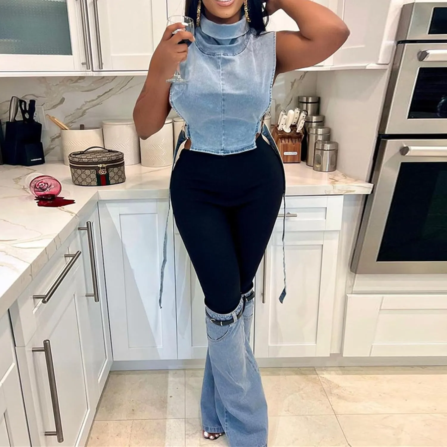 Women High Waisted Boyfriend Jeans Camo Patchwork Denim Joggers Straight Leg Cargo Pants with Pockets