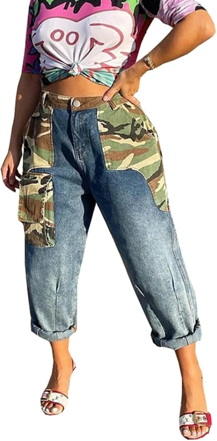 Women High Waisted Boyfriend Jeans Camo Patchwork Denim Joggers Straight Leg Cargo Pants with Pockets