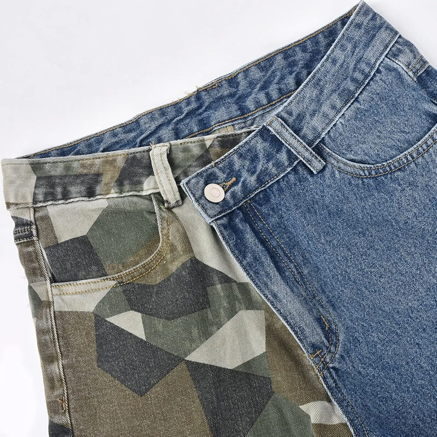 Women High Waisted Boyfriend Jeans Camo Patchwork Denim Joggers Straight Leg Cargo Pants with Pockets