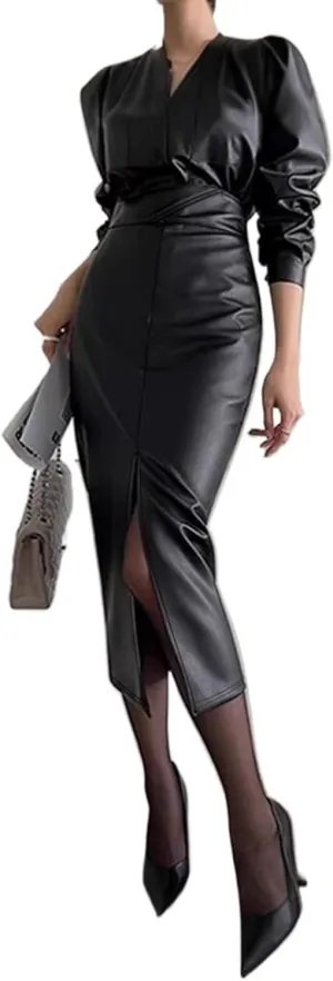 Women High Waisted Slit Skirt PU Leather Bodycon Thigh Long Skirt