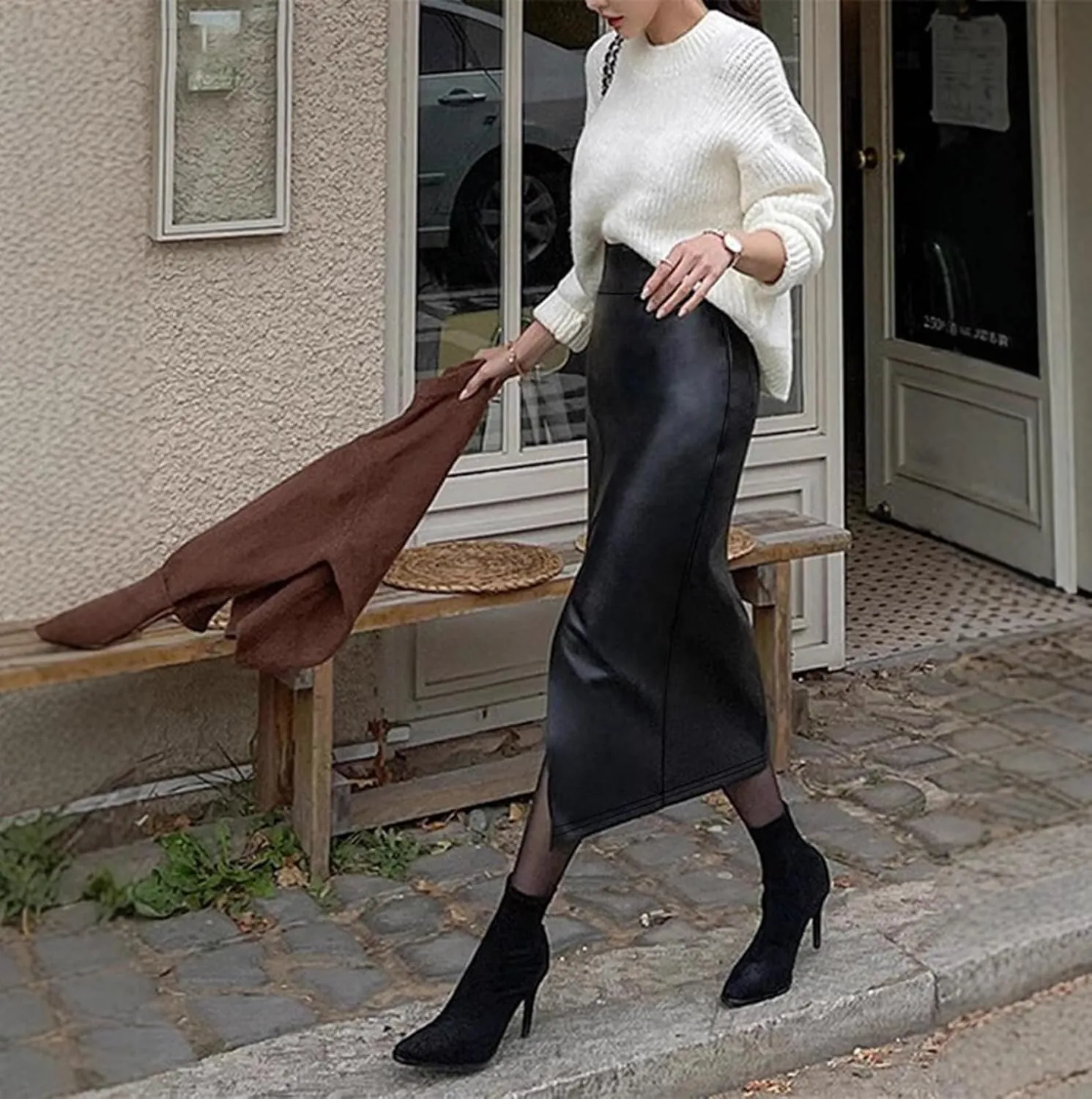 Women High Waisted Slit Skirt PU Leather Bodycon Thigh Long Skirt