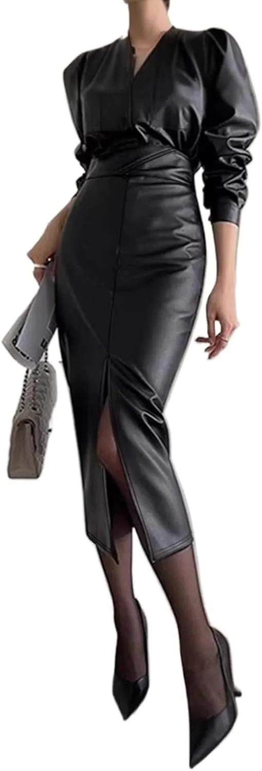 Women High Waisted Slit Skirt PU Leather Bodycon Thigh Long Skirt