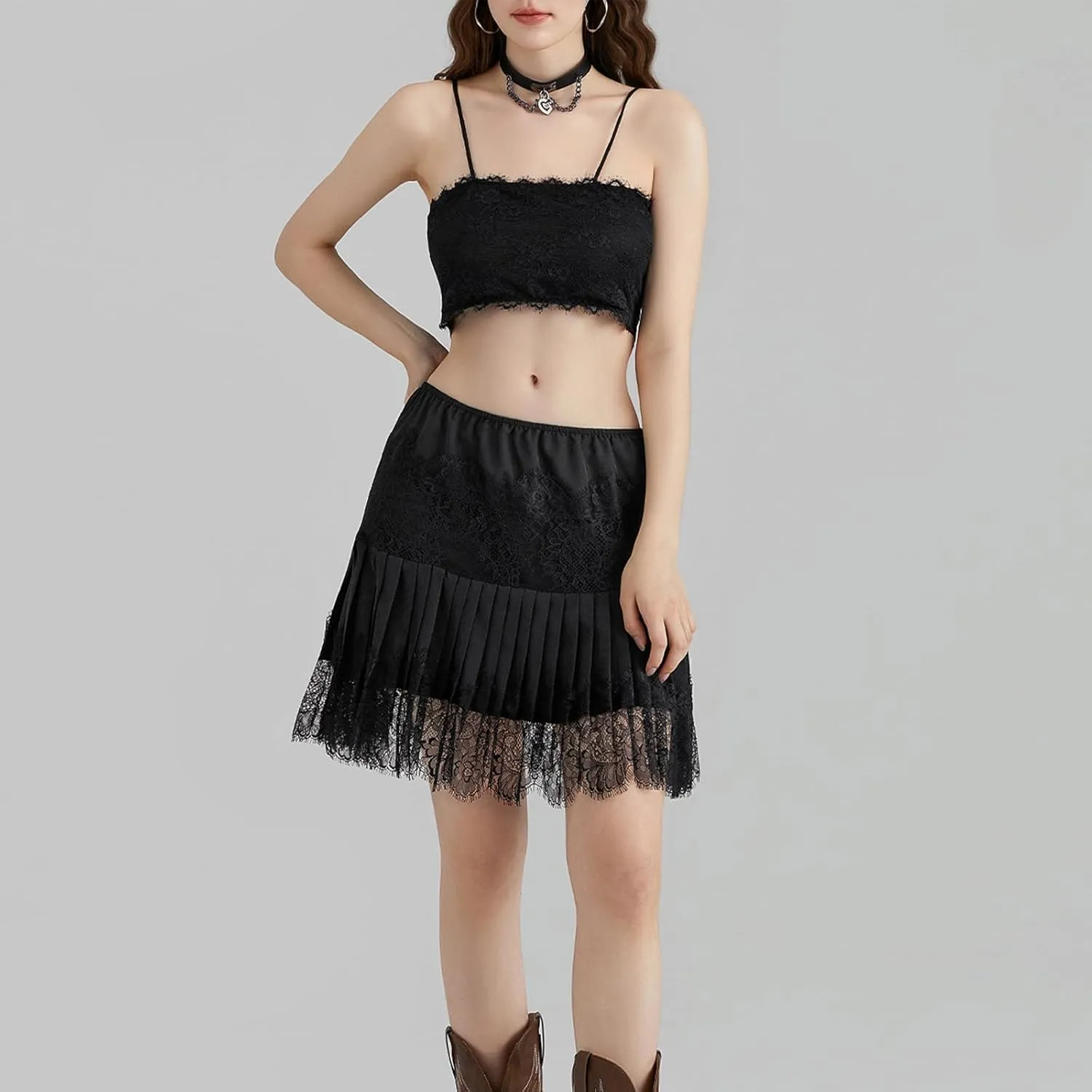 Women Lace Skirt Ruffle Mini Skirt Half Slip Layered Pleated Flowy Skirt
