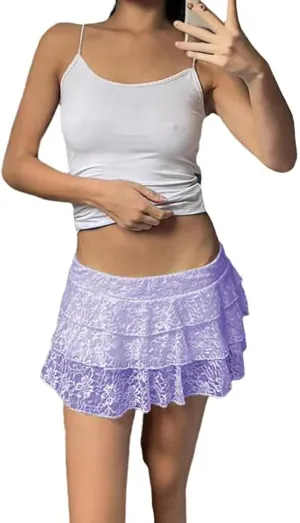 Women Lace Skirts Elastic Low Waist Layered Pleated Mini Skirts Cute Flowy Ruffle Shorts Skirt