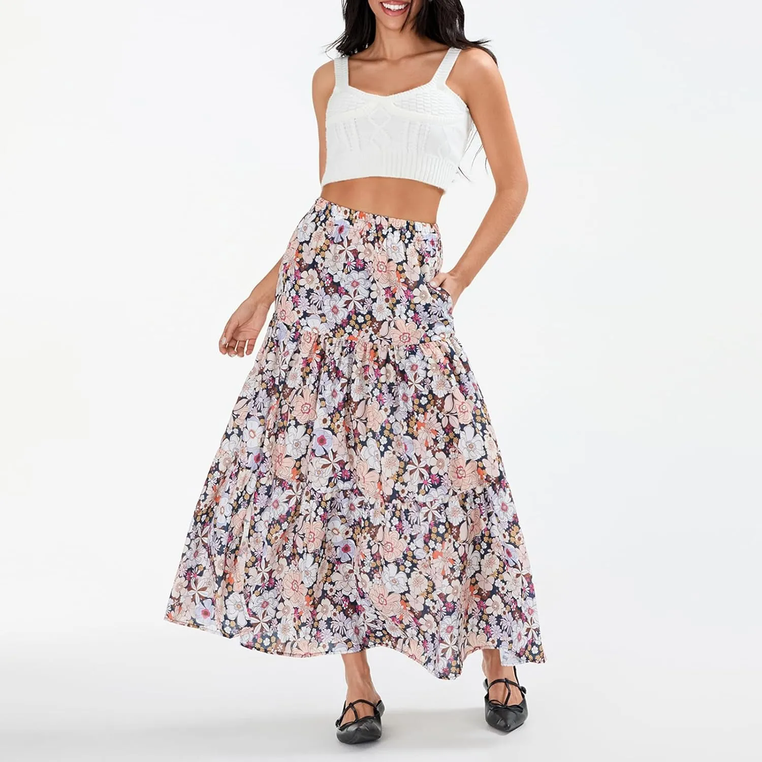 Women Long Skirt, Elegant High Waist Floral Flowy Slit Skirt for Summer Casual Daily