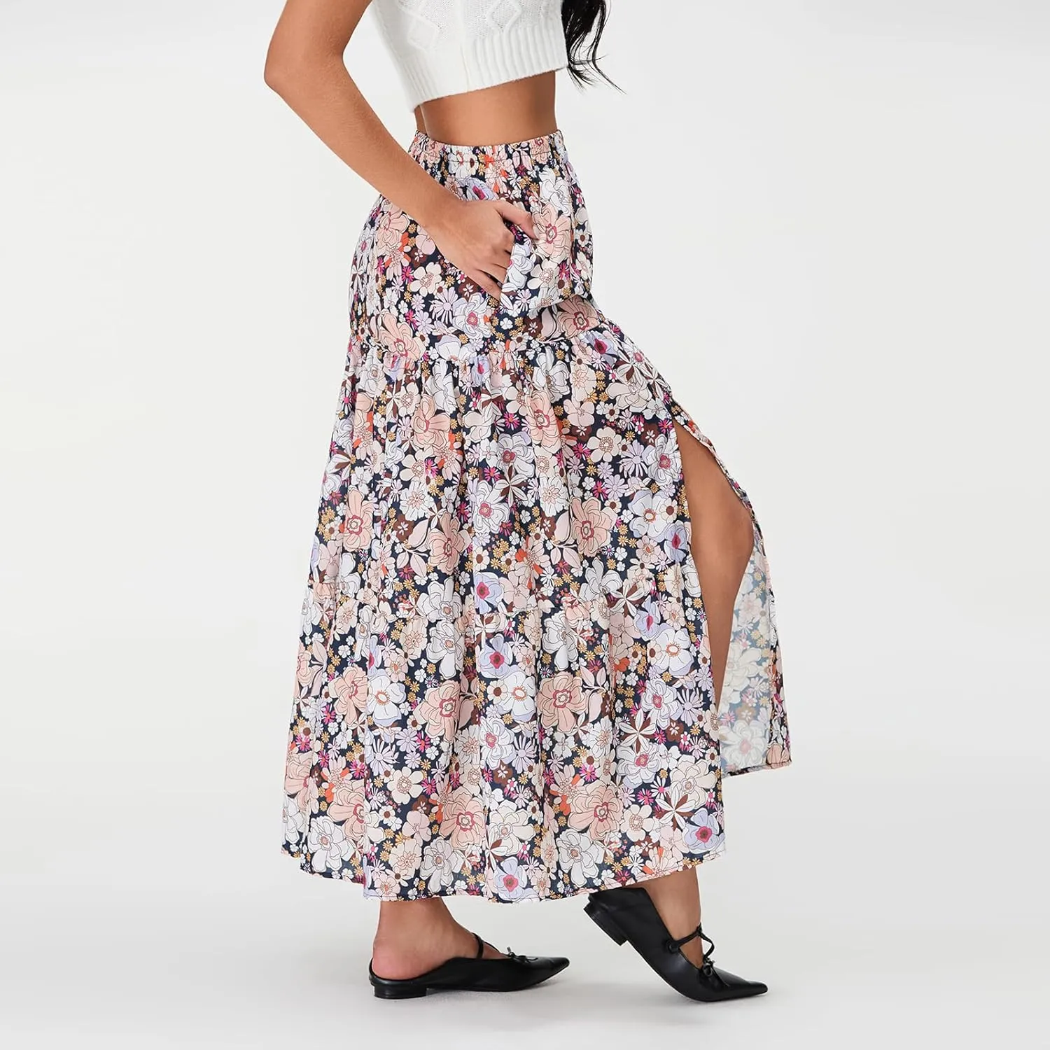 Women Long Skirt, Elegant High Waist Floral Flowy Slit Skirt for Summer Casual Daily