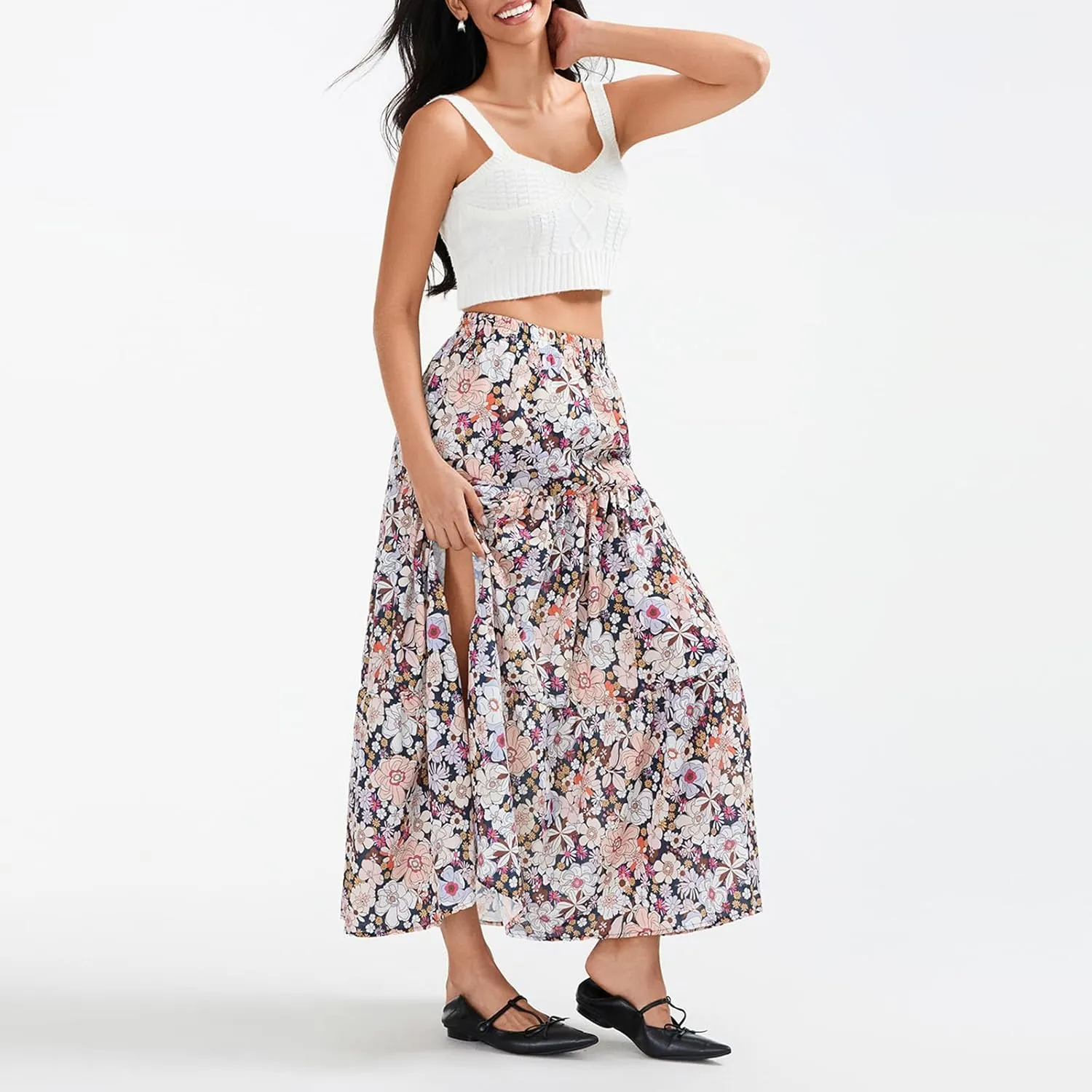 Women Long Skirt, Elegant High Waist Floral Flowy Slit Skirt for Summer Casual Daily