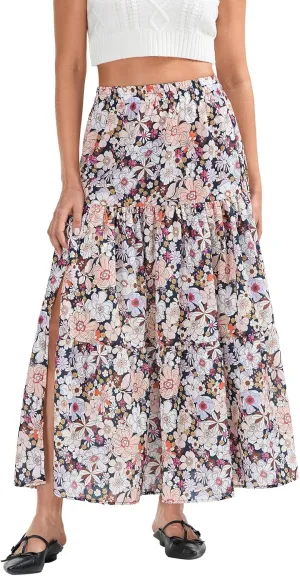 Women Long Skirt, Elegant High Waist Floral Flowy Slit Skirt for Summer Casual Daily