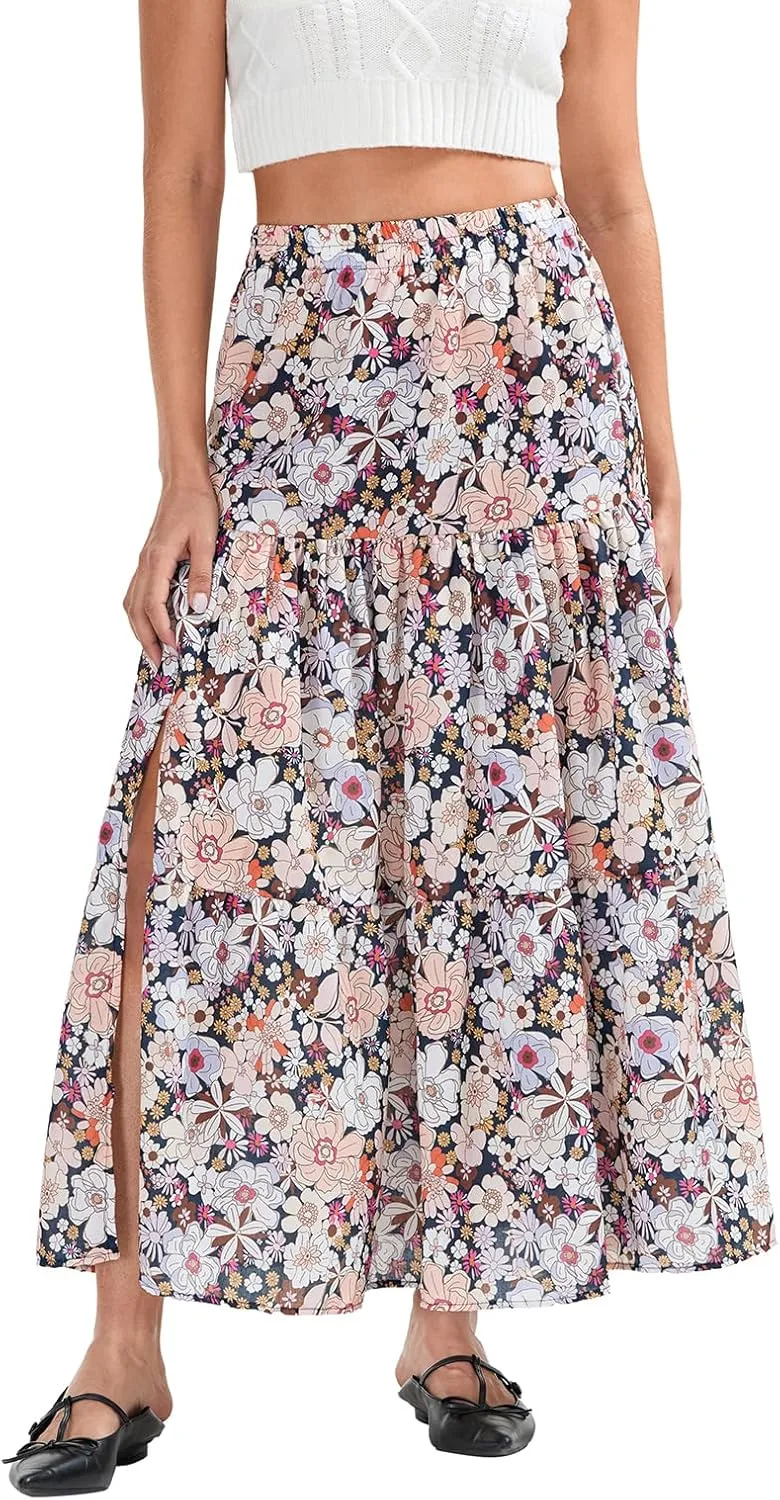 Women Long Skirt, Elegant High Waist Floral Flowy Slit Skirt for Summer Casual Daily