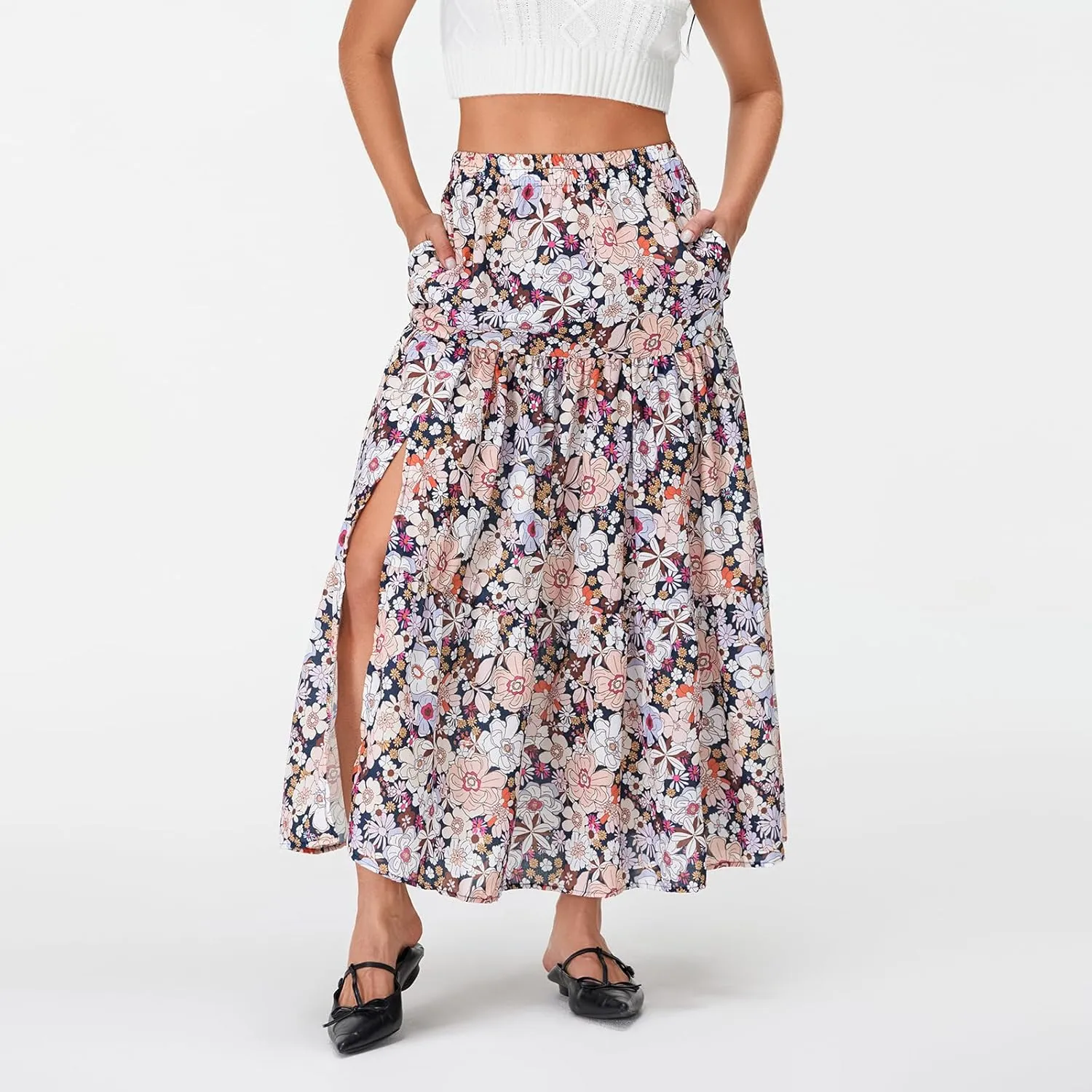 Women Long Skirt, Elegant High Waist Floral Flowy Slit Skirt for Summer Casual Daily