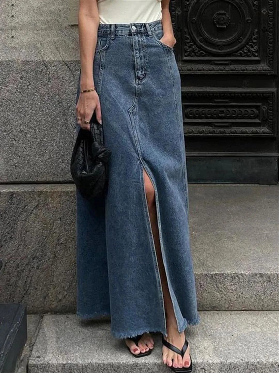 Women Loose Denim Elegant High Waist Ankle Length Skirt Streetwear Classic Slit Skirt