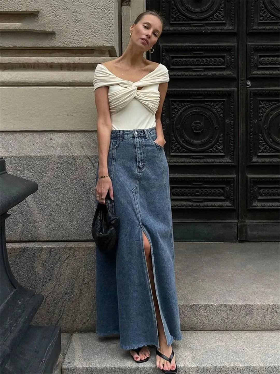 Women Loose Denim Elegant High Waist Ankle Length Skirt Streetwear Classic Slit Skirt