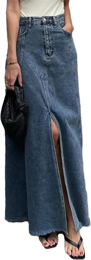 Women Loose Denim Elegant High Waist Ankle Length Skirt Streetwear Classic Slit Skirt