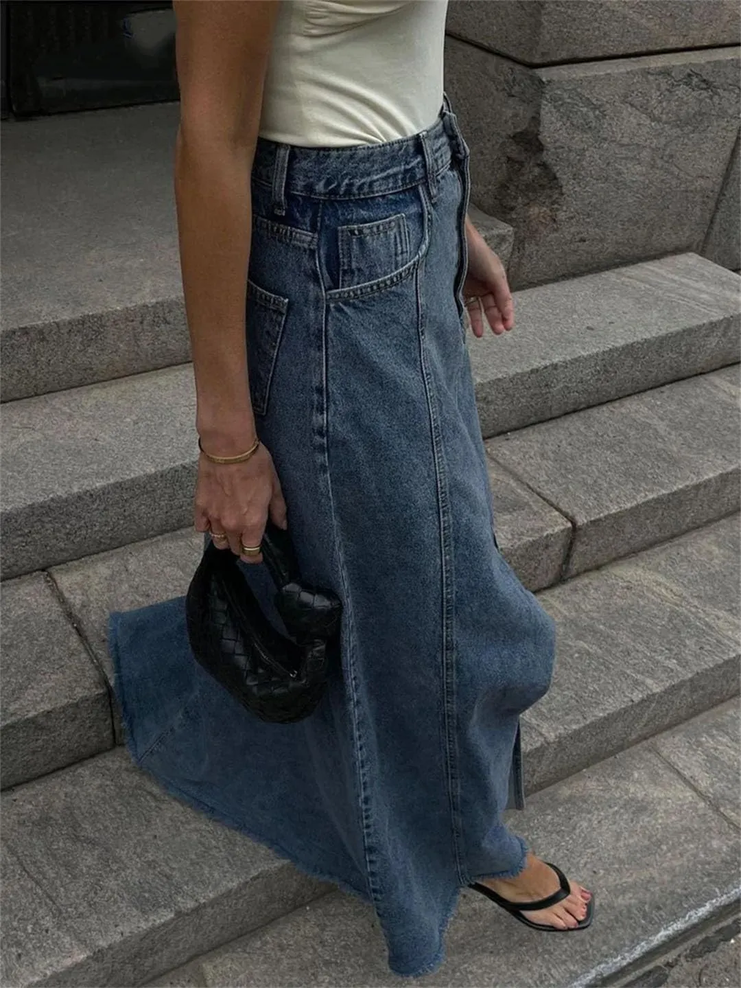 Women Loose Denim Elegant High Waist Ankle Length Skirt Streetwear Classic Slit Skirt