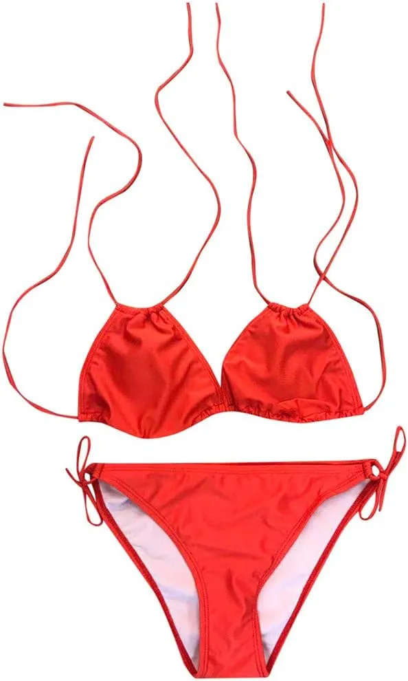 Women Plus Size Triangle Bikini Sets Two Piece Double Straps Halter Swimsuit Side Tie String Beach Bathing Suits