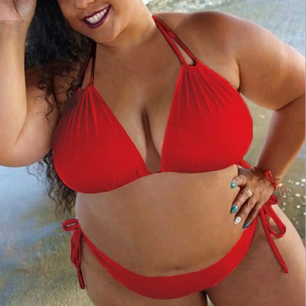 Women Plus Size Triangle Bikini Sets Two Piece Double Straps Halter Swimsuit Side Tie String Beach Bathing Suits
