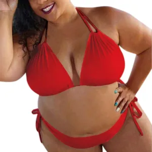 Women Plus Size Triangle Bikini Sets Two Piece Double Straps Halter Swimsuit Side Tie String Beach Bathing Suits