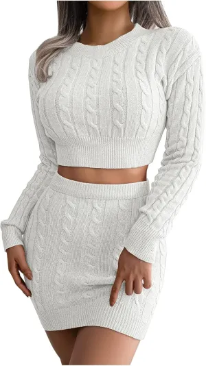 Women Sexy Bodycon Sweater, Mini Skirt Set 2 Piece Cable Knit Pullover Cropped Sweaters Tops Outfit Long Sleeve Jumper