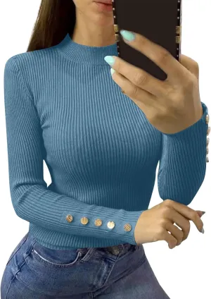 Women Shirts Long Sleeve Turtle Neck Rib Knit Sweaters Trendy Winter Button Down Tshirt Tops Fall Cute Outfits