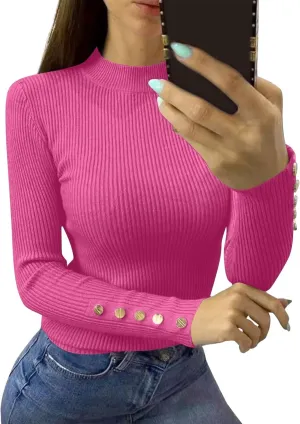 Women Shirts Long Sleeve Turtle Neck Rib Knit Sweaters Trendy Winter Button Down Tshirt Tops Fall Cute Outfits