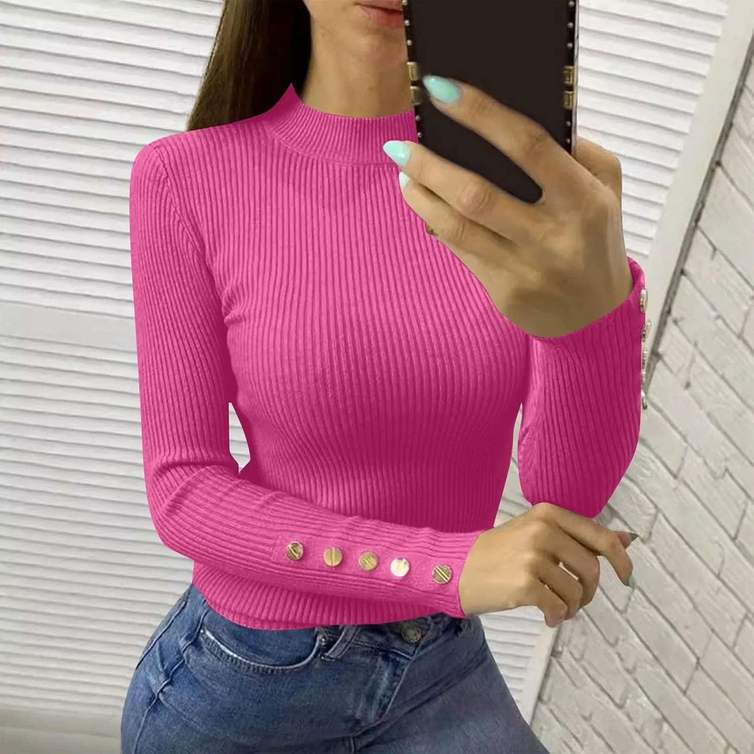 Women Shirts Long Sleeve Turtle Neck Rib Knit Sweaters Trendy Winter Button Down Tshirt Tops Fall Cute Outfits