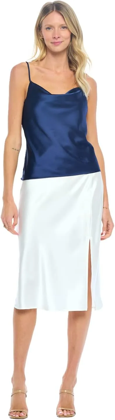 Women Solid High Waist Silky Casual Elastic Satin Midi Slit Skirt - Made in USA