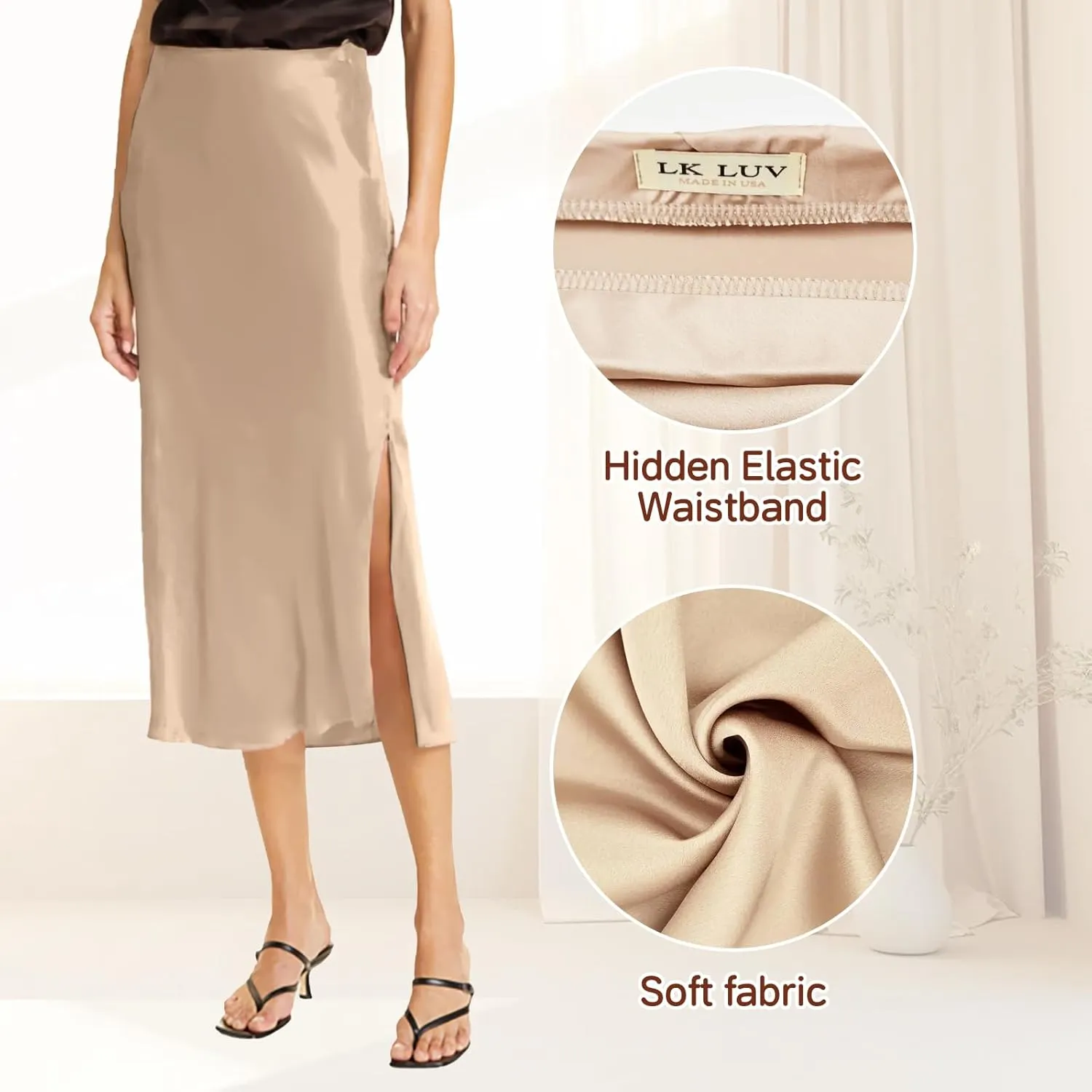 Women Solid High Waist Silky Casual Elastic Satin Midi Slit Skirt - Made in USA