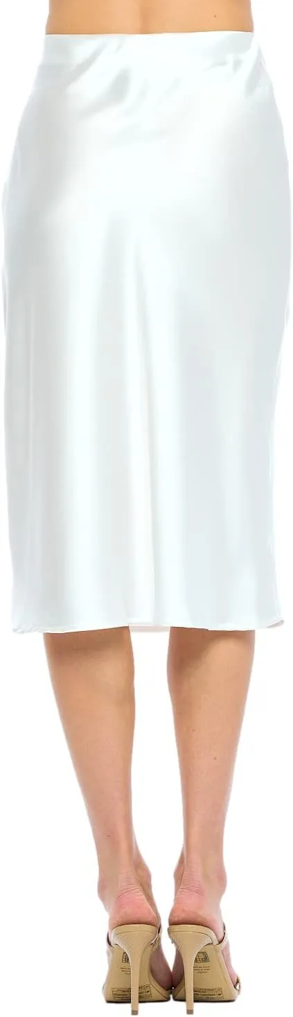 Women Solid High Waist Silky Casual Elastic Satin Midi Slit Skirt - Made in USA