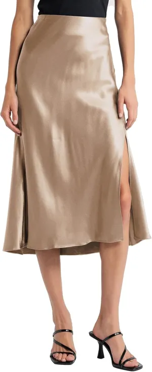 Women Solid High Waist Silky Casual Elastic Satin Midi Slit Skirt - Made in USA