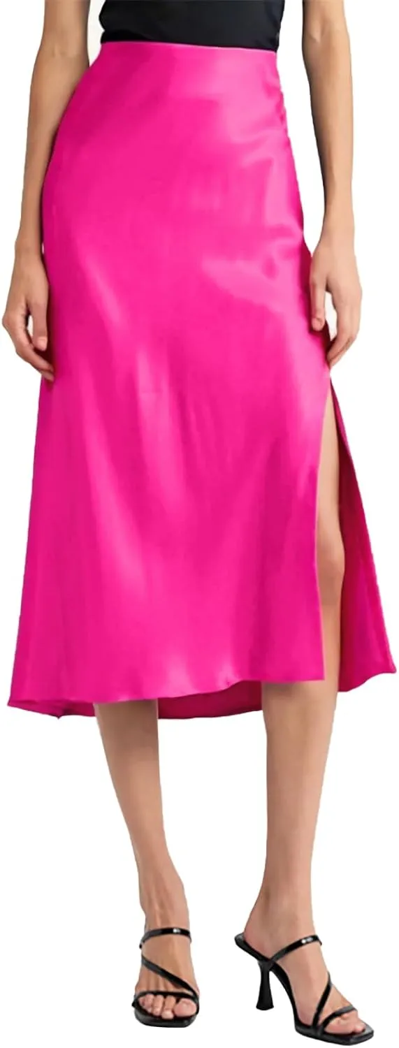 Women Solid High Waist Silky Casual Elastic Satin Midi Slit Skirt - Made in USA