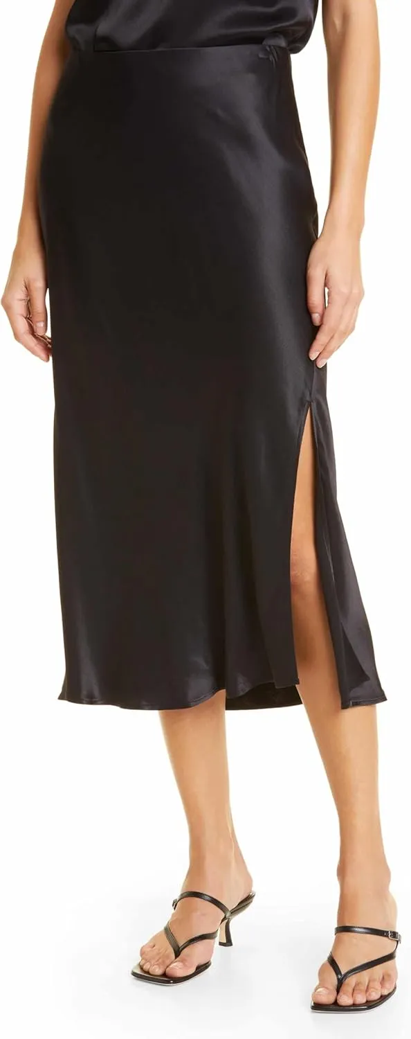 Women Solid High Waist Silky Casual Elastic Satin Midi Slit Skirt - Made in USA